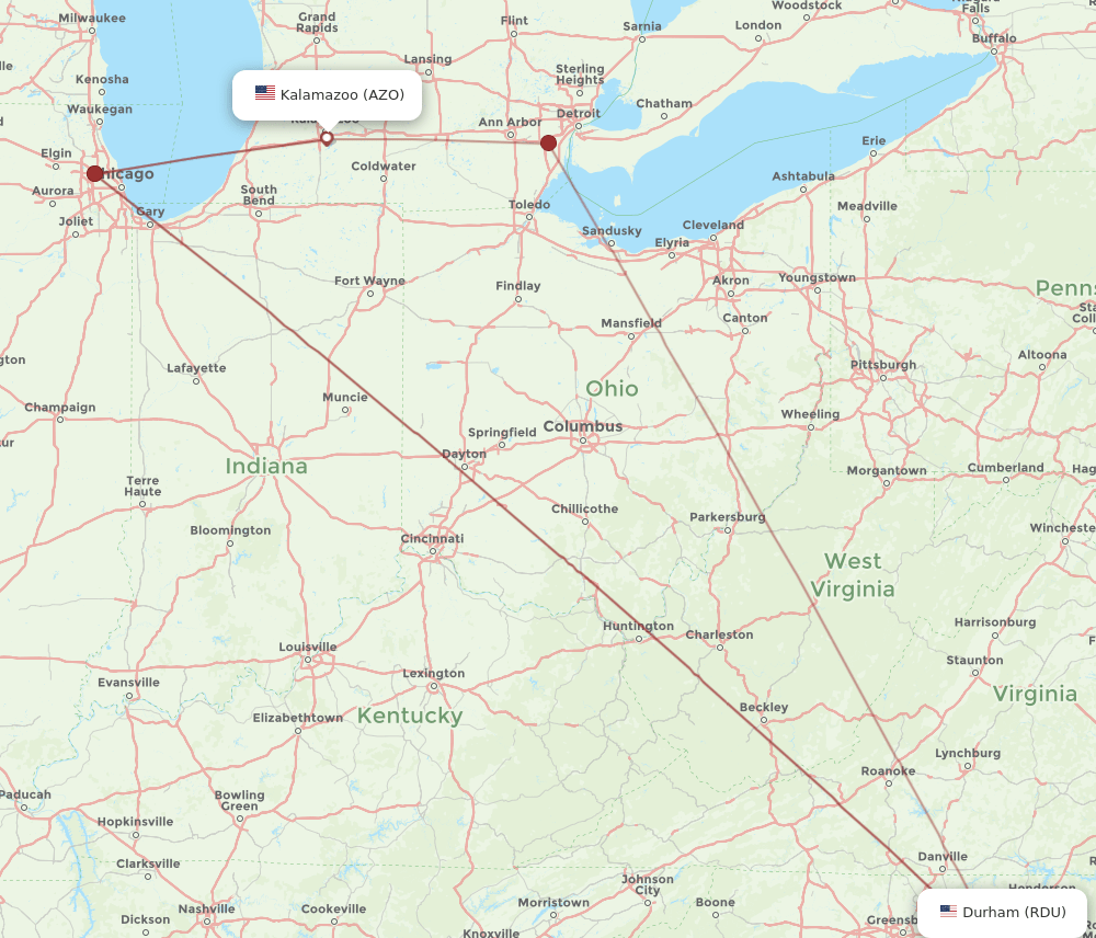 RDU to AZO flights and routes map