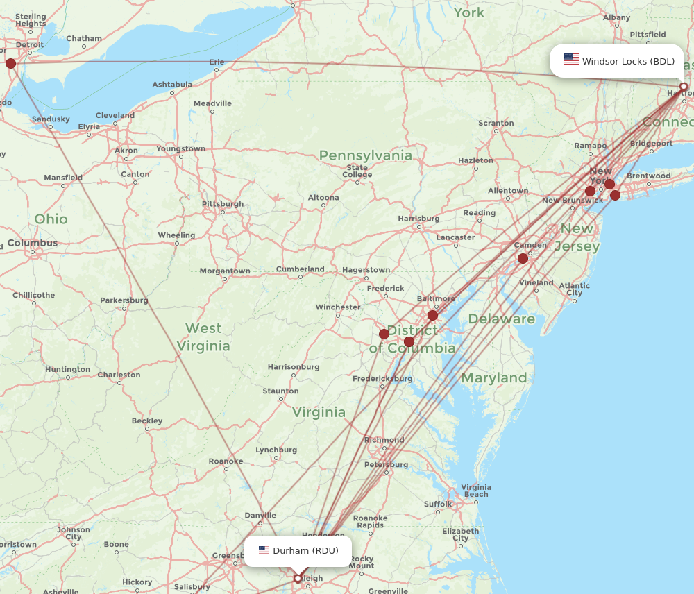 RDU to BDL flights and routes map