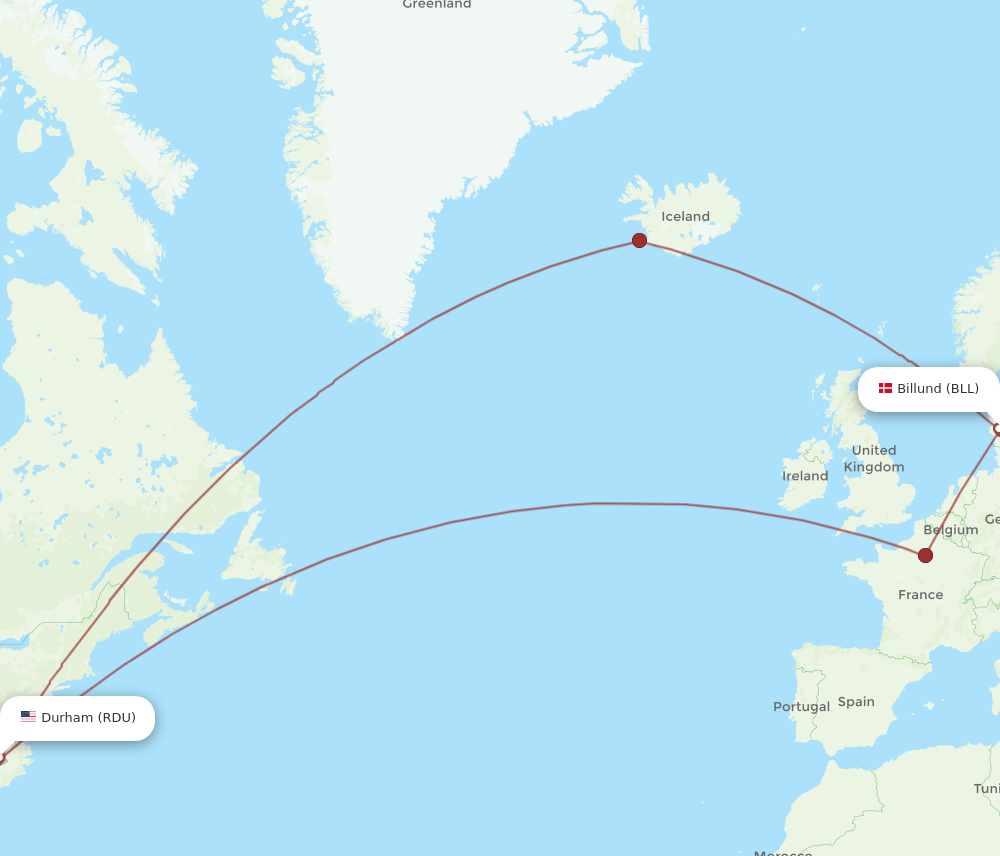 RDU to BLL flights and routes map