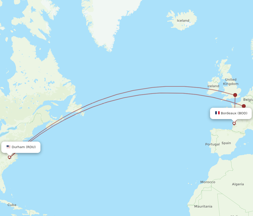 RDU to BOD flights and routes map