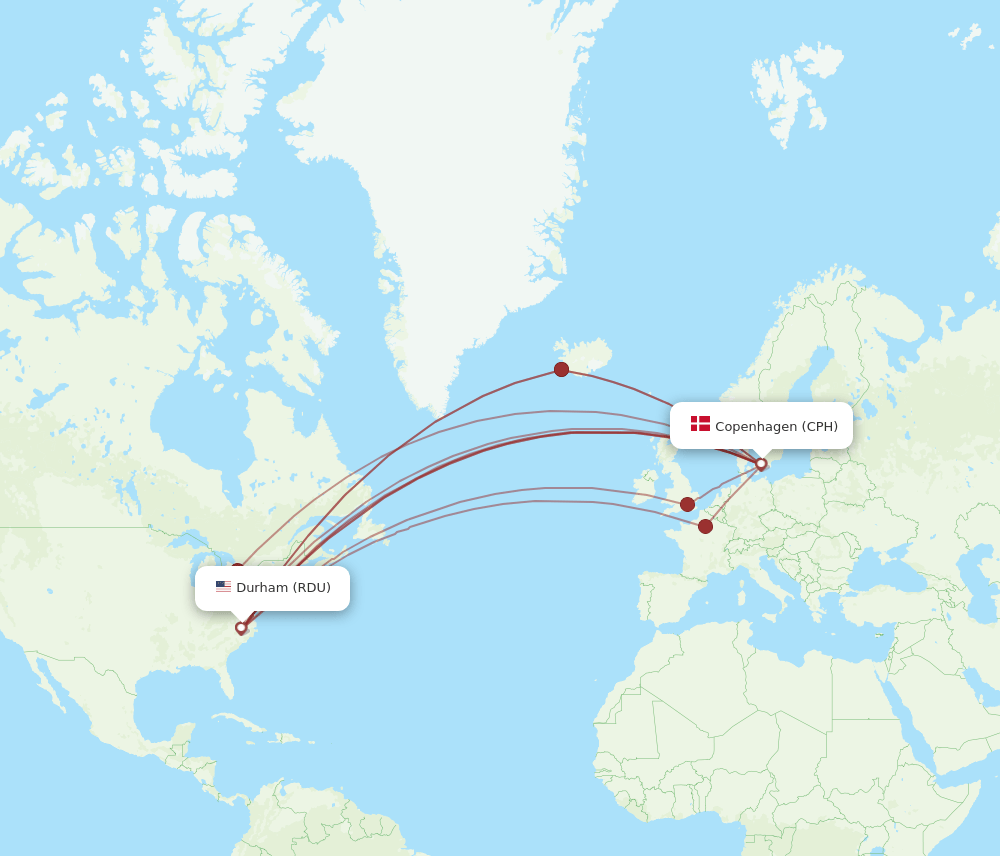 RDU to CPH flights and routes map