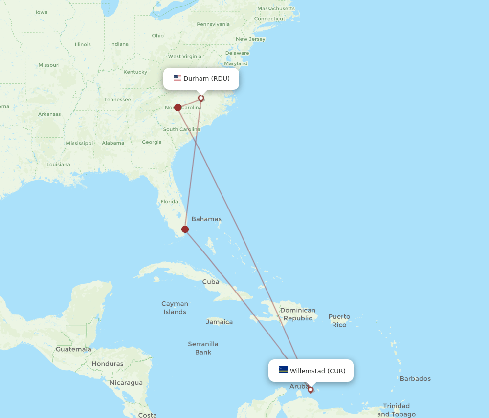 RDU to CUR flights and routes map