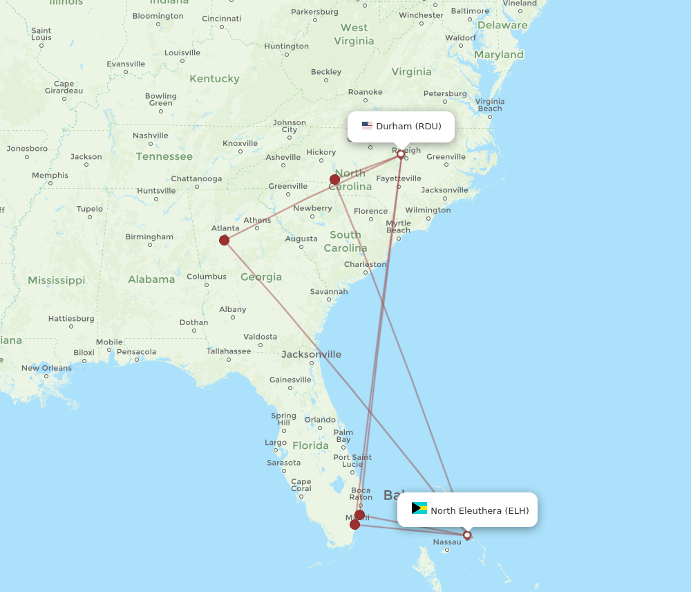RDU to ELH flights and routes map