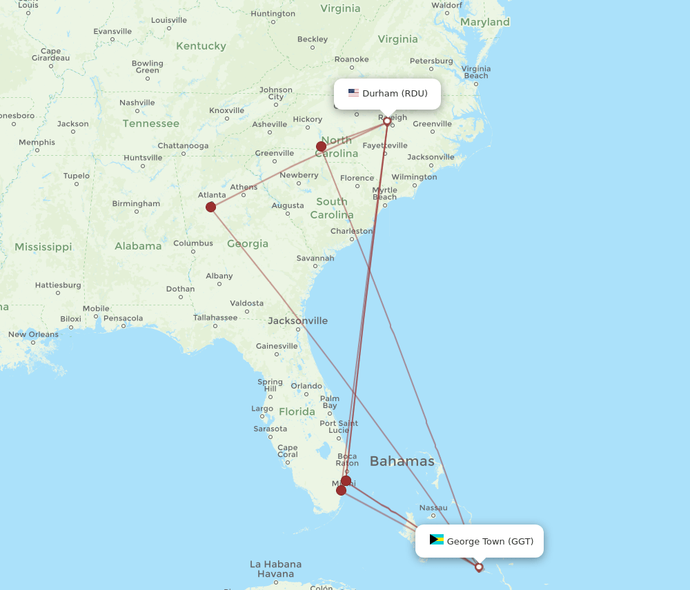 RDU to GGT flights and routes map