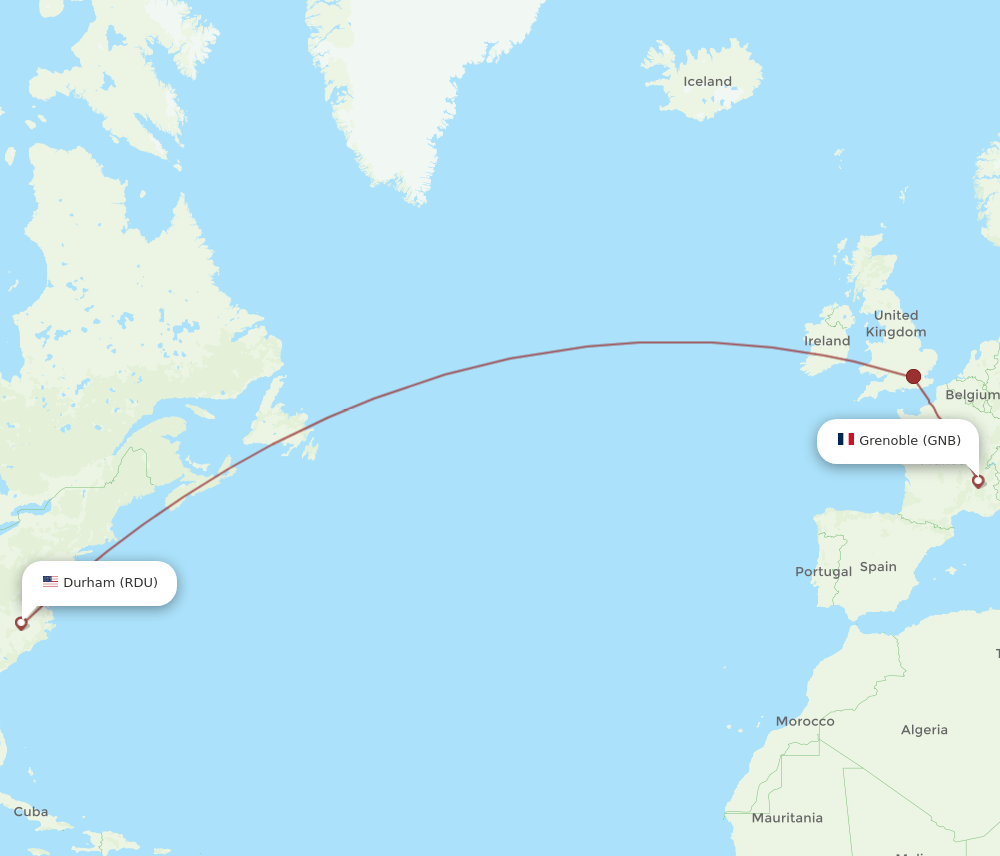 Raleigh/Durham - Grenoble route map and flight paths