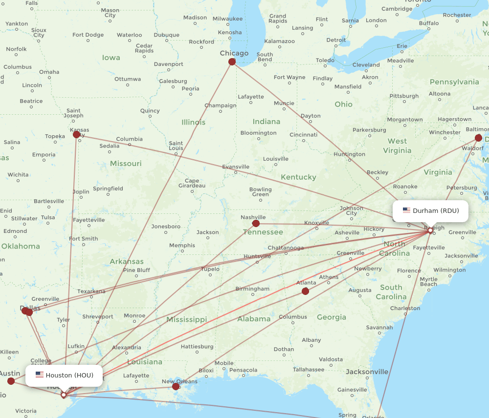 RDU-HOU flight routes