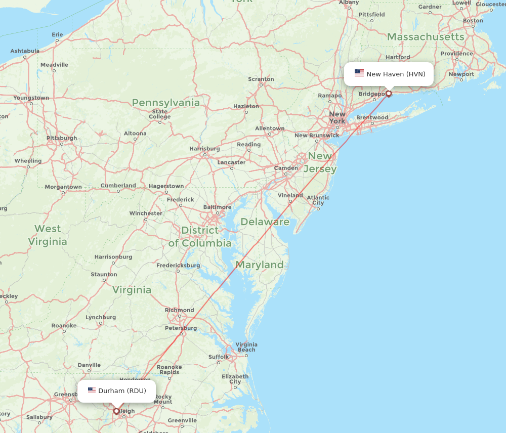 RDU to HVN flights and routes map