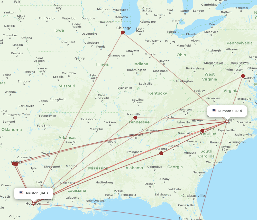 RDU-IAH flight routes