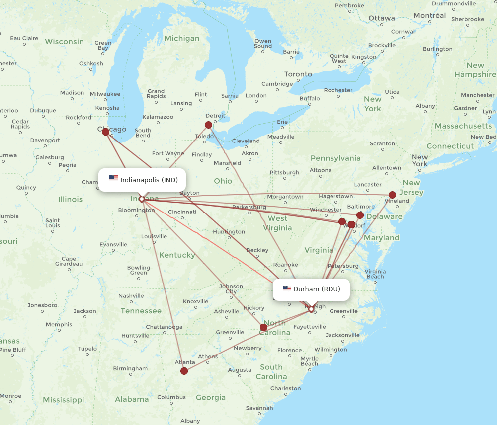 RDU to IND flights and routes map