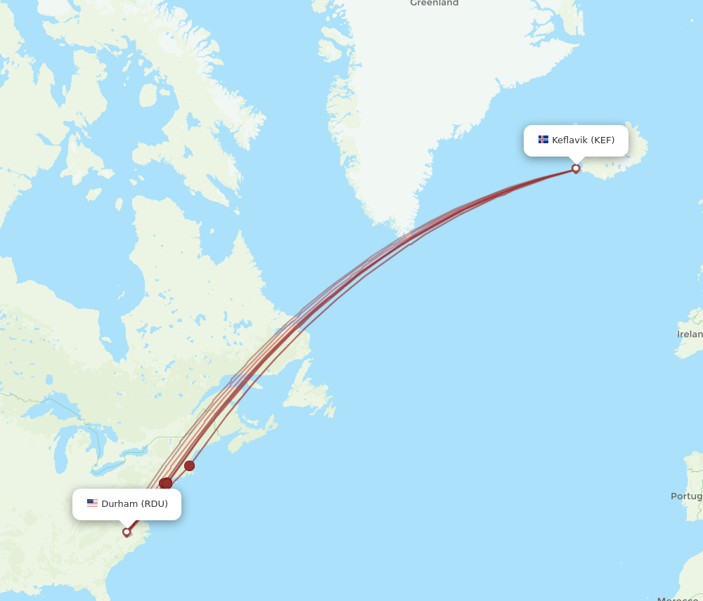 RDU to KEF flights and routes map
