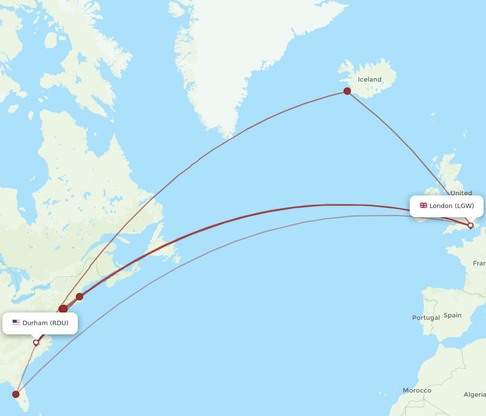 RDU to LGW flights and routes map