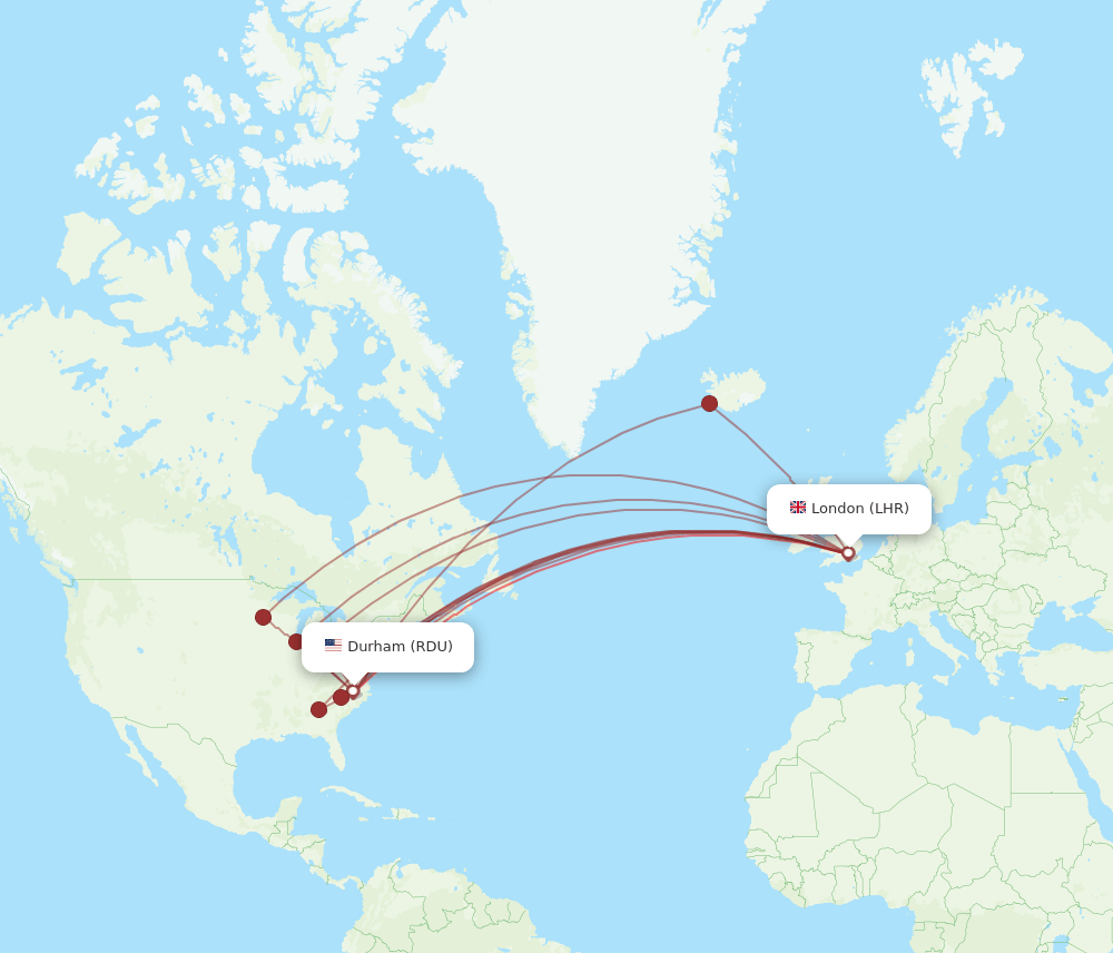 RDU to LHR flights and routes map