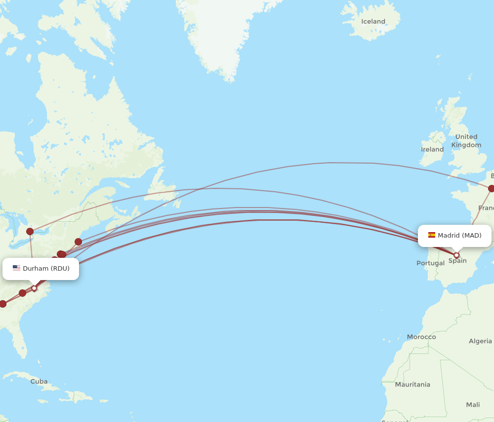 RDU to MAD flights and routes map