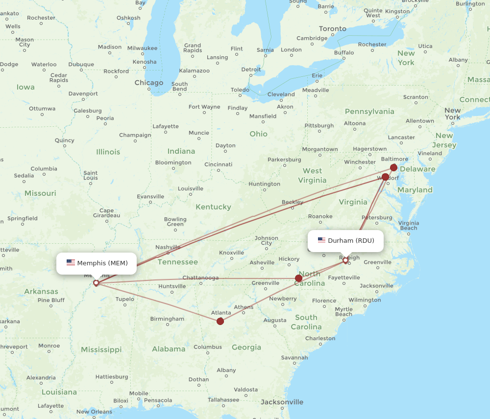 RDU to MEM flights and routes map