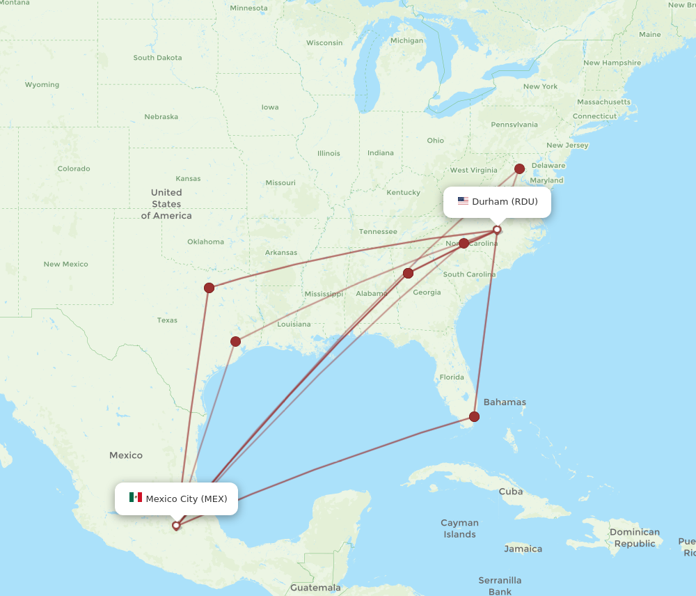 RDU to MEX flights and routes map
