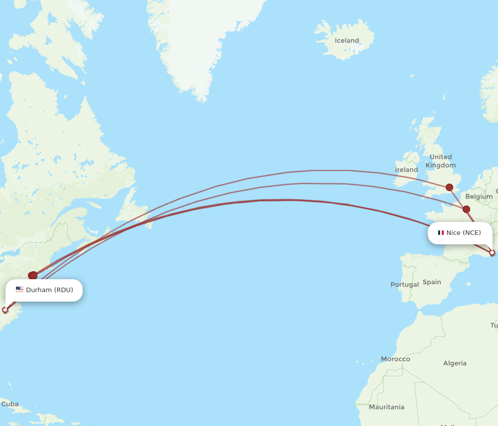 RDU to NCE flights and routes map