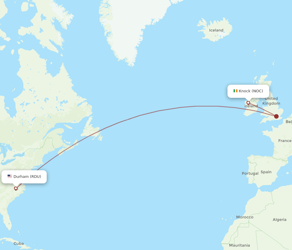 RDU to NOC flights and routes map