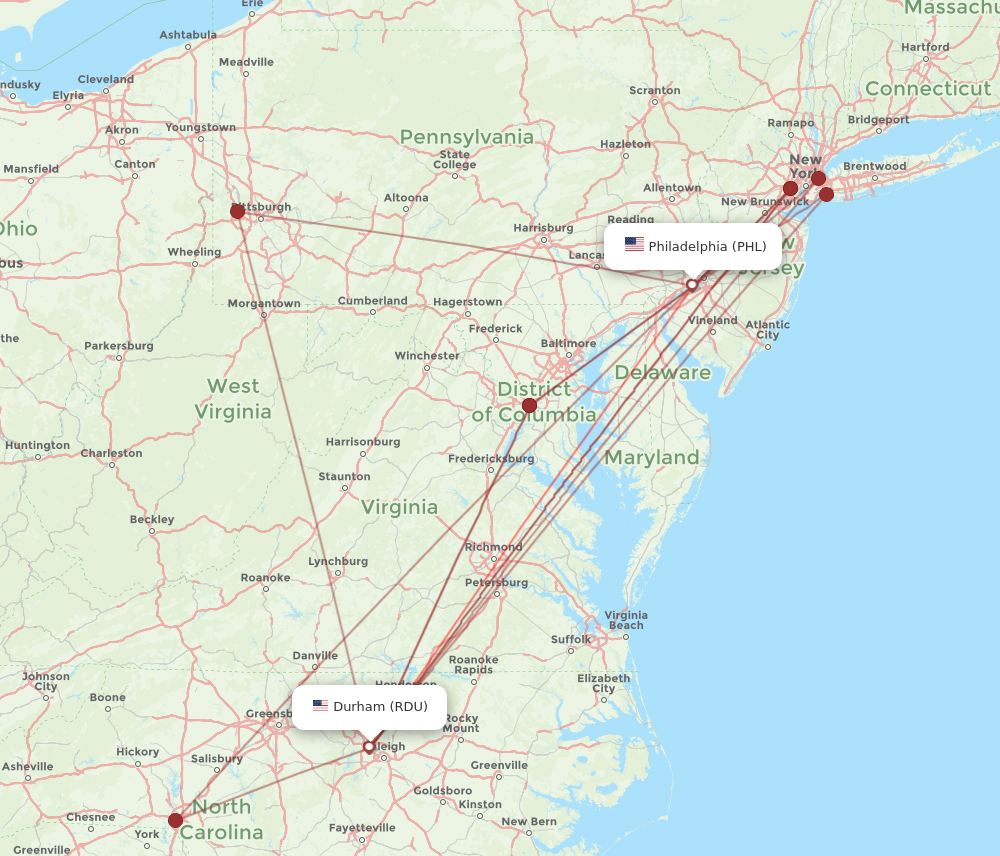 RDU to PHL flights and routes map