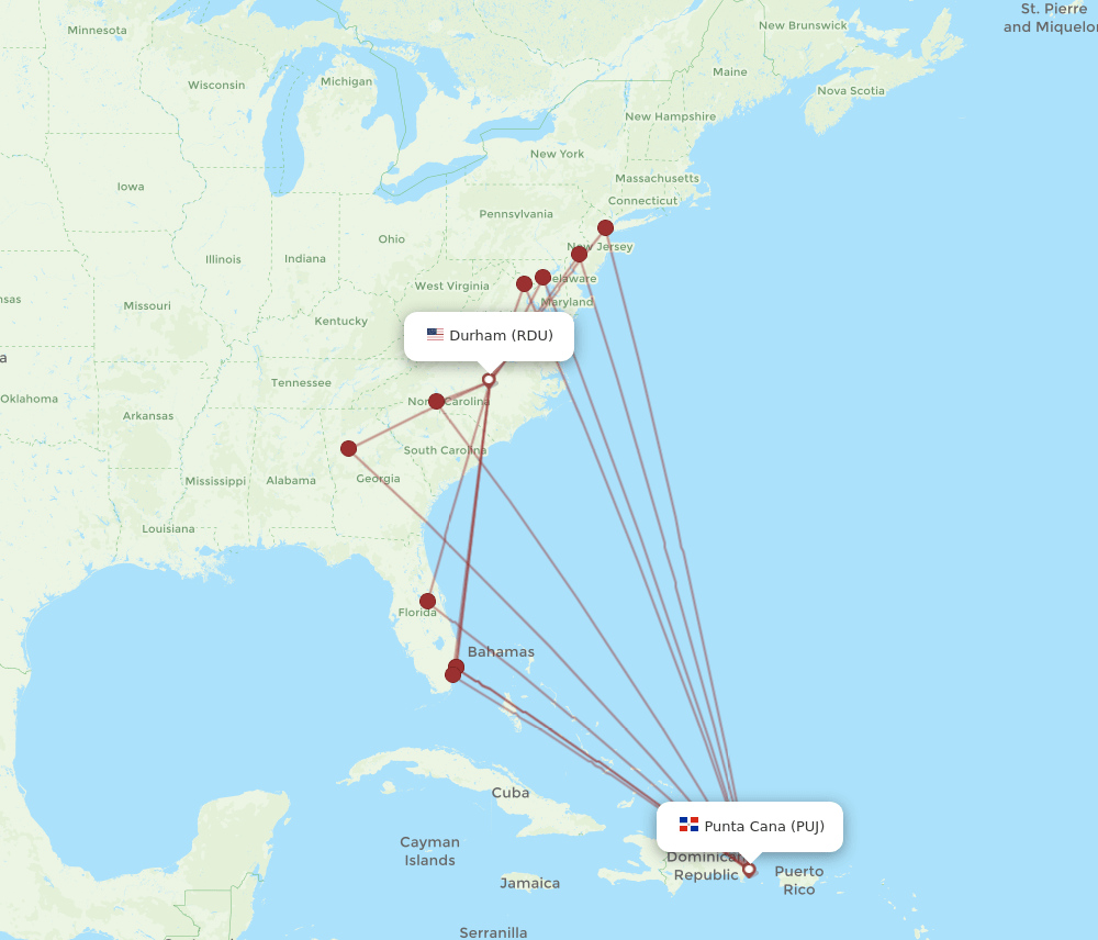 RDU to PUJ flights and routes map