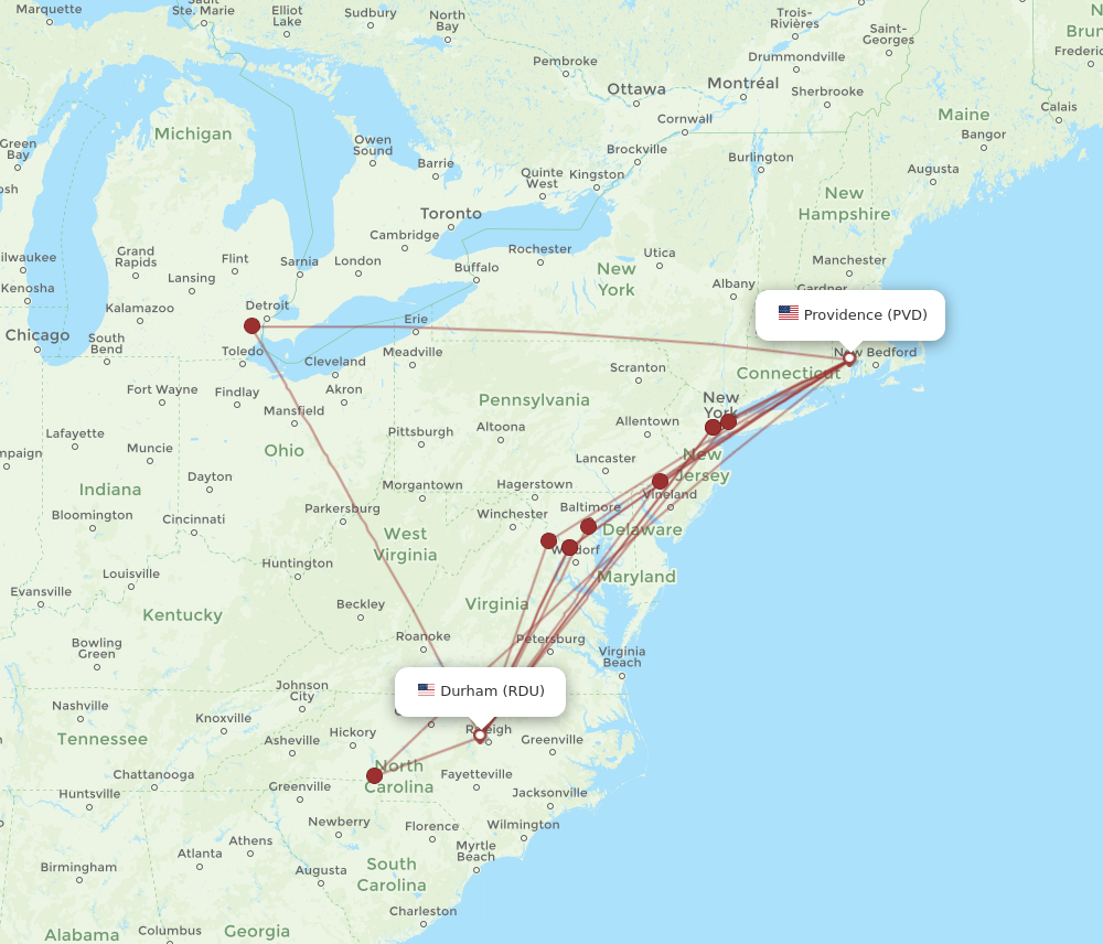 RDU to PVD flights and routes map
