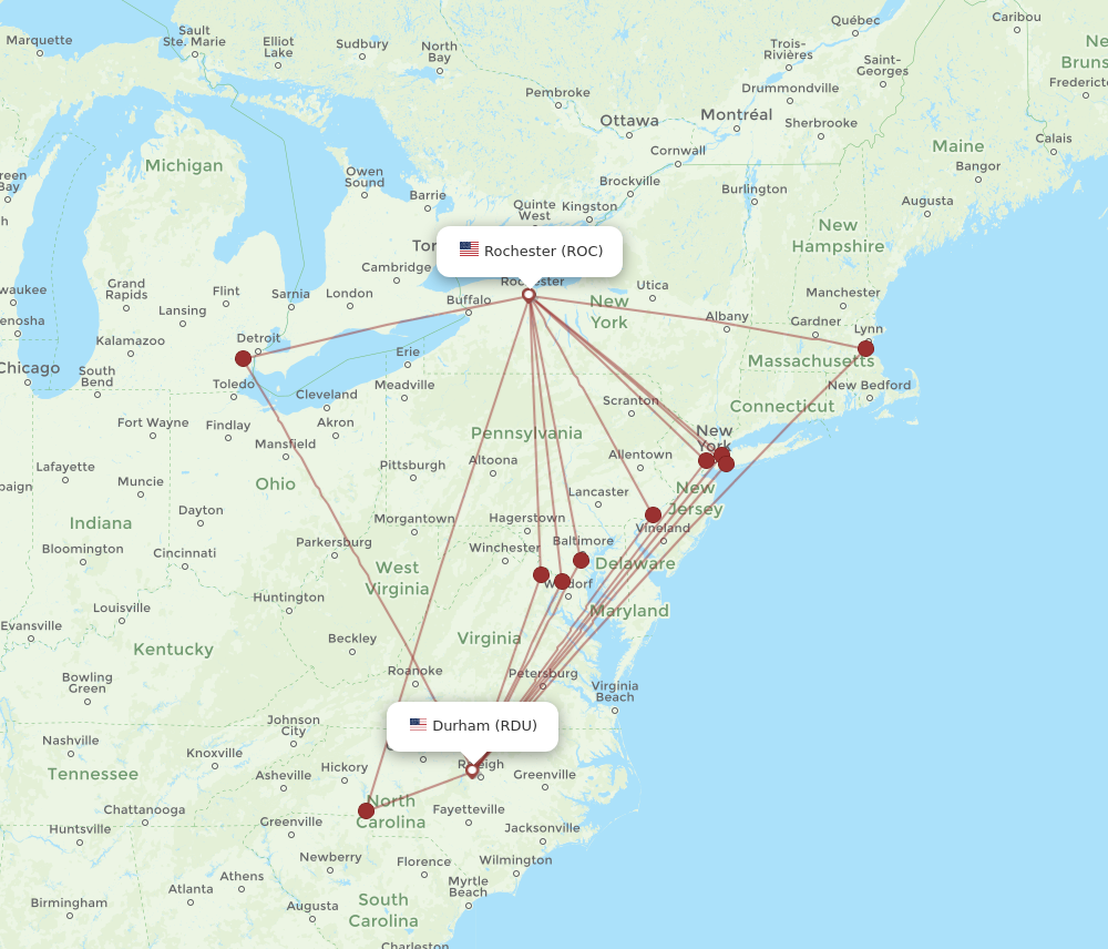 RDU to ROC flights and routes map