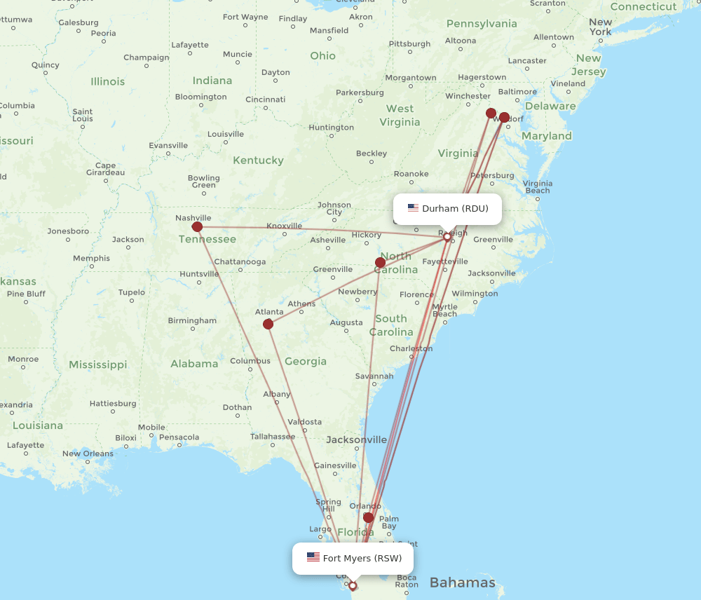 RDU to RSW flights and routes map
