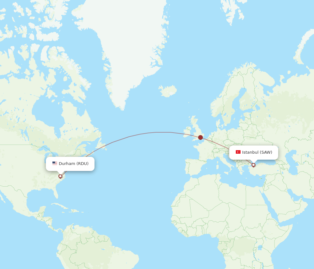 Istanbul - Raleigh/Durham route map and flight paths