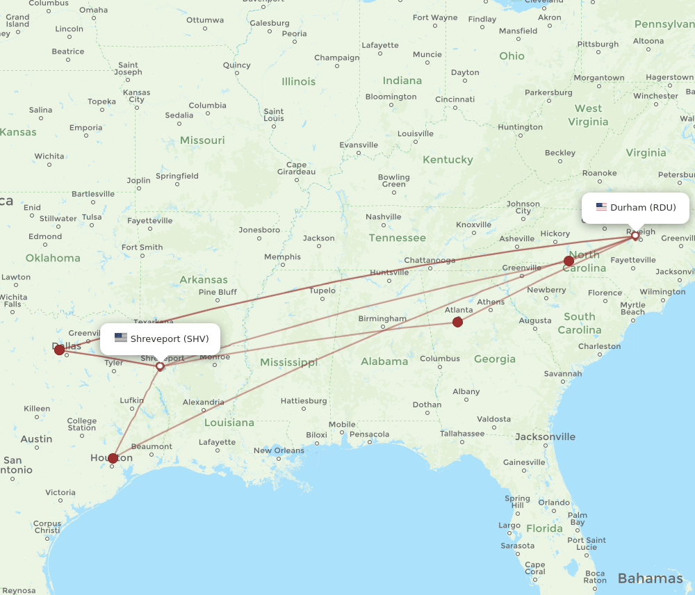 RDU-SHV flight routes