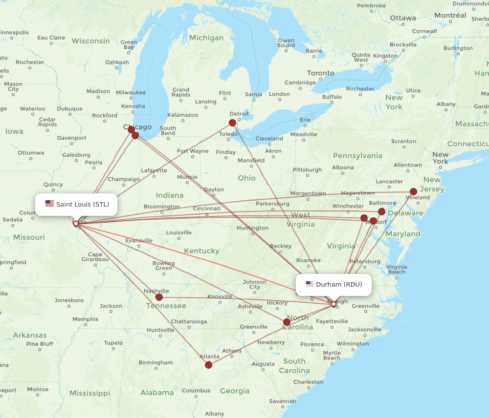 RDU to STL flights and routes map