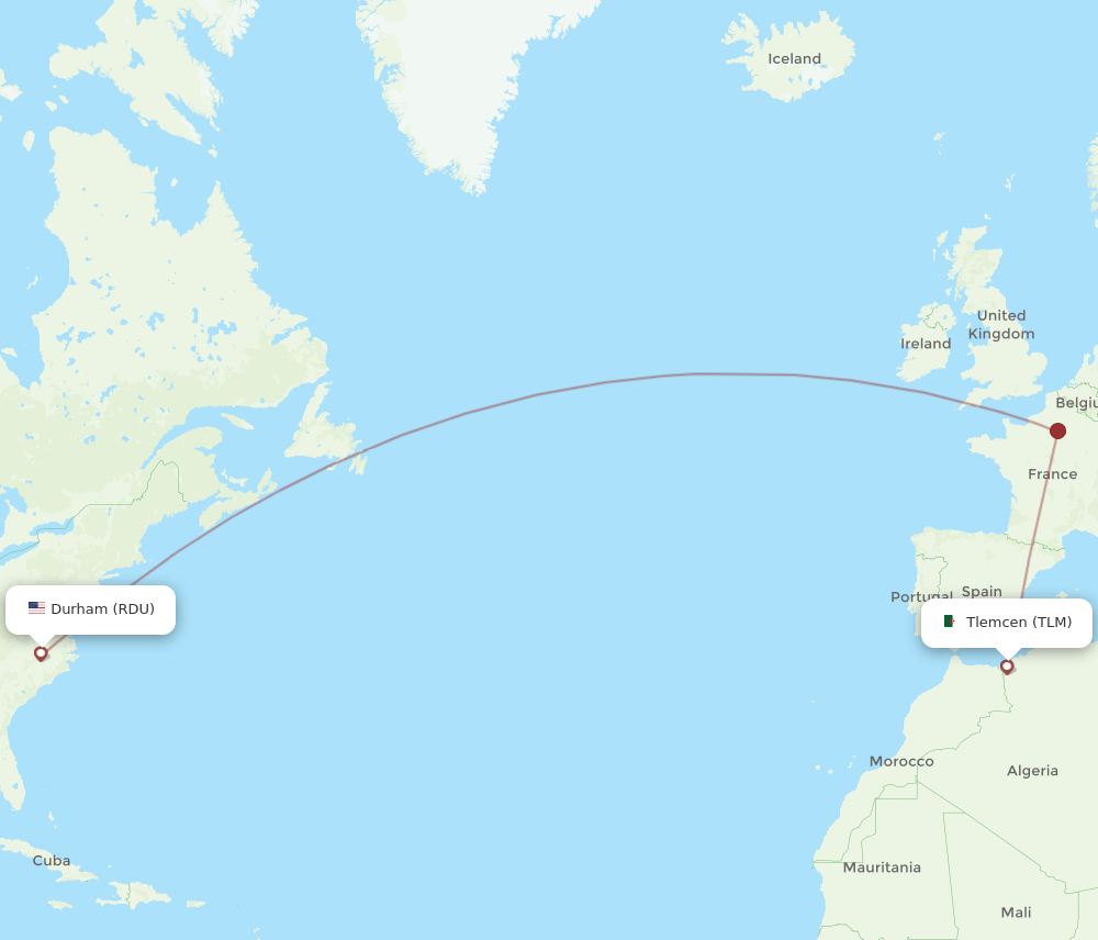 Tlemcen - Raleigh/Durham route map and flight paths