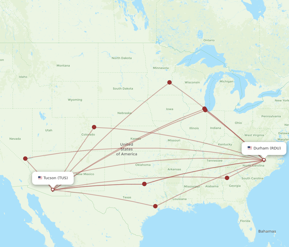 RDU to TUS flights and routes map