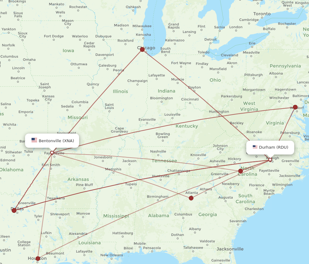 RDU to XNA flights and routes map