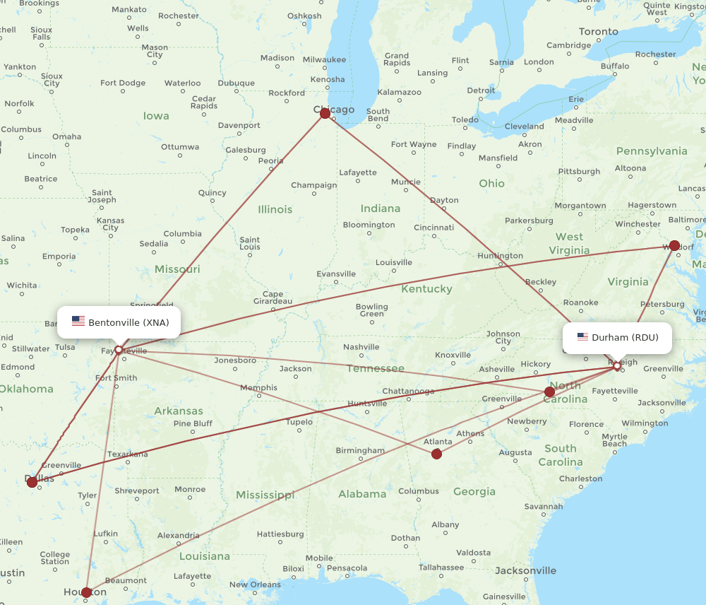 RDU-XNA flight routes