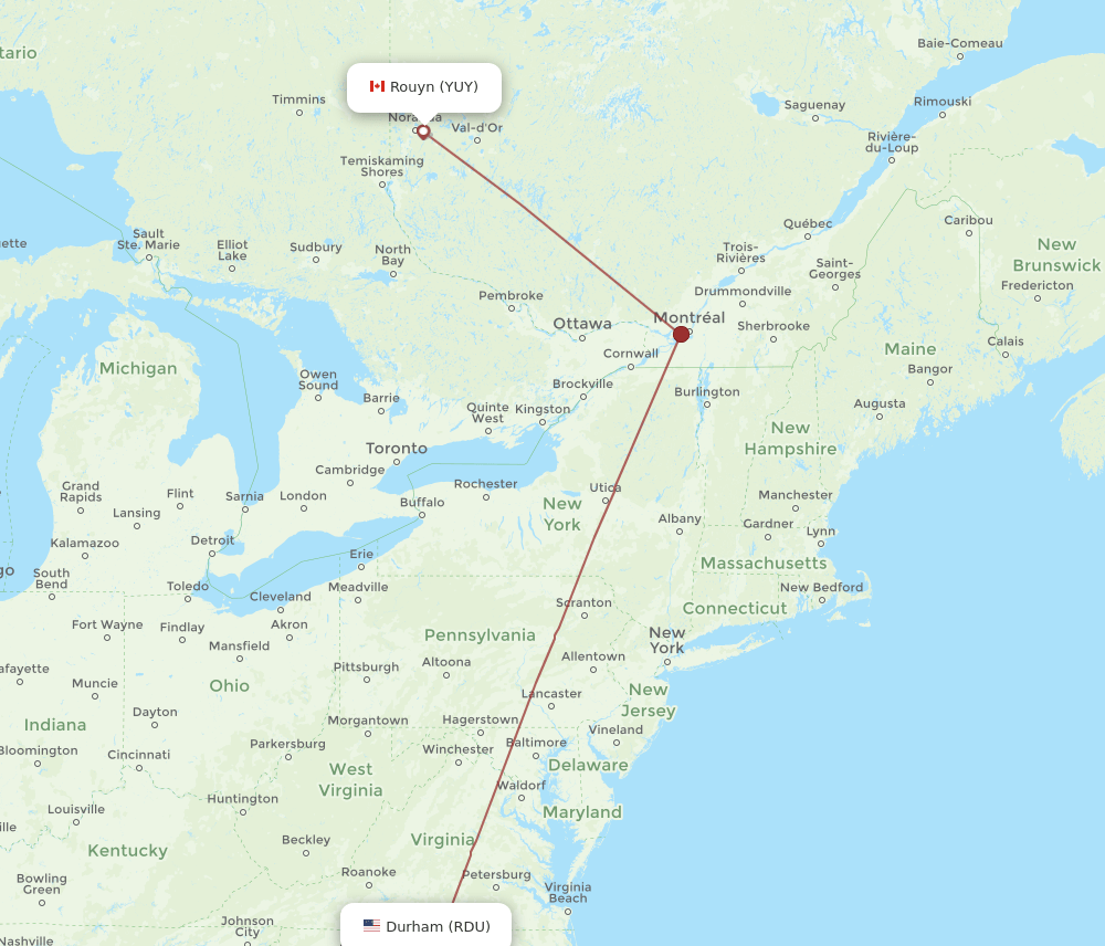 Rouyn - Raleigh/Durham route map and flight paths