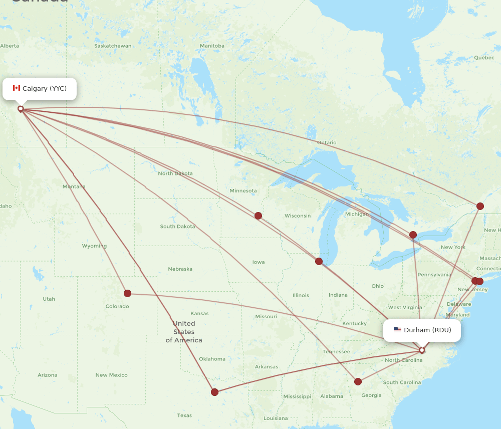 Calgary - Raleigh/Durham route map and flight paths