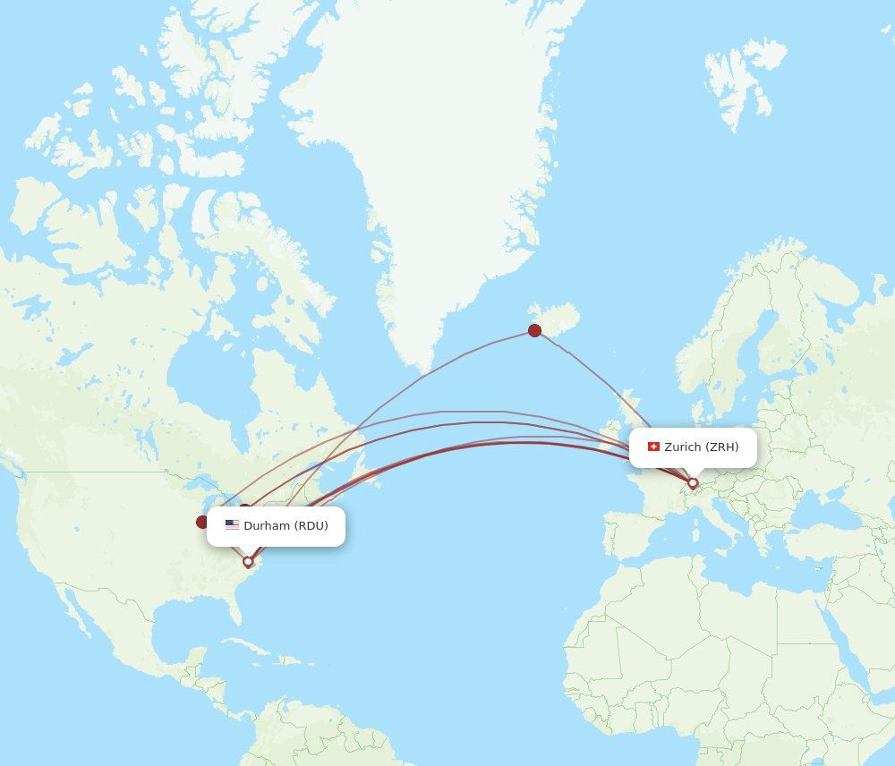 ZRH to RDU flights and routes map