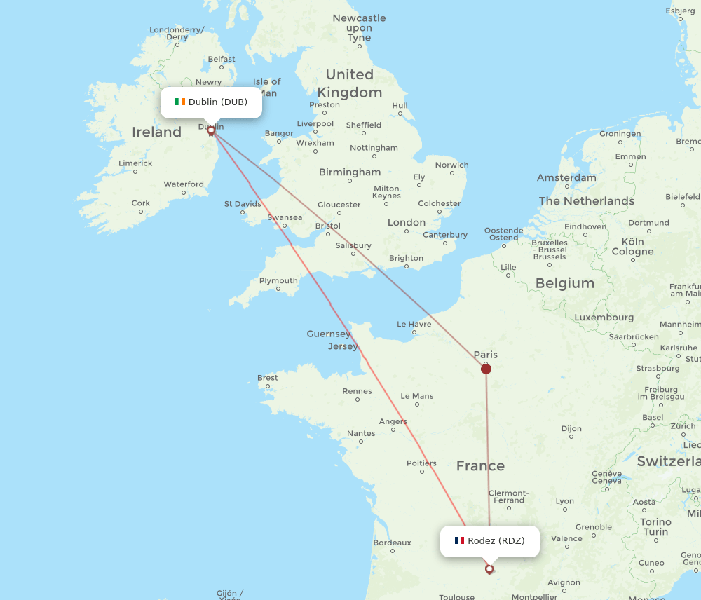 DUB to RDZ flights and routes map
