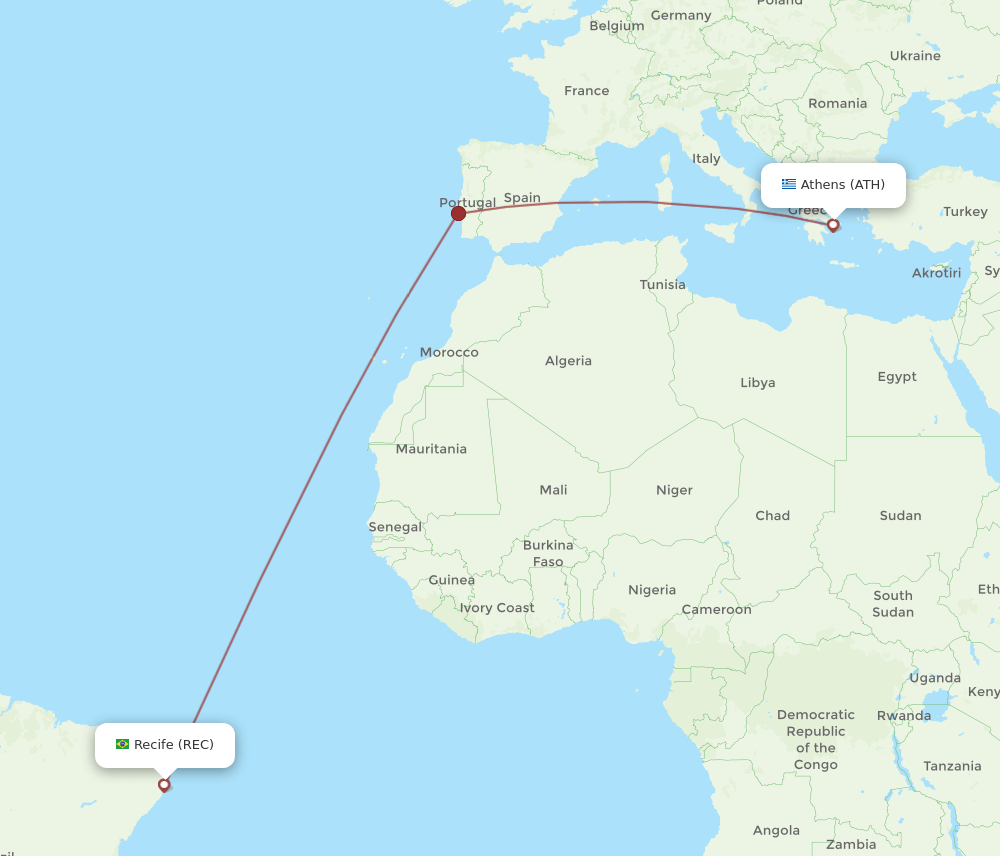 Athens - Recife route map and flight paths