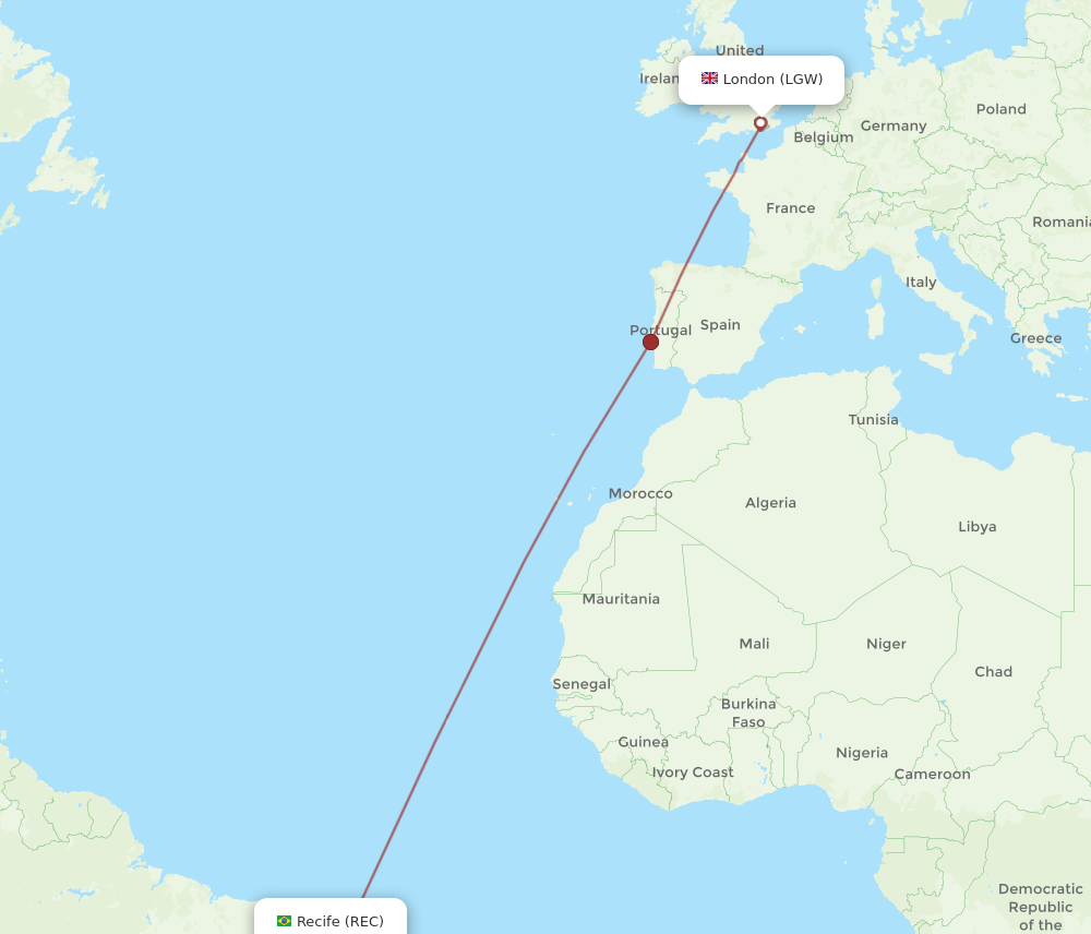 REC to LGW flights and routes map