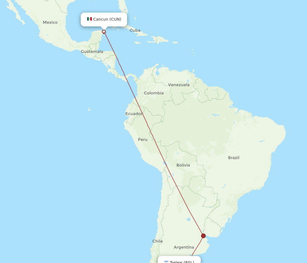 Cancun - Trelew route map and flight paths