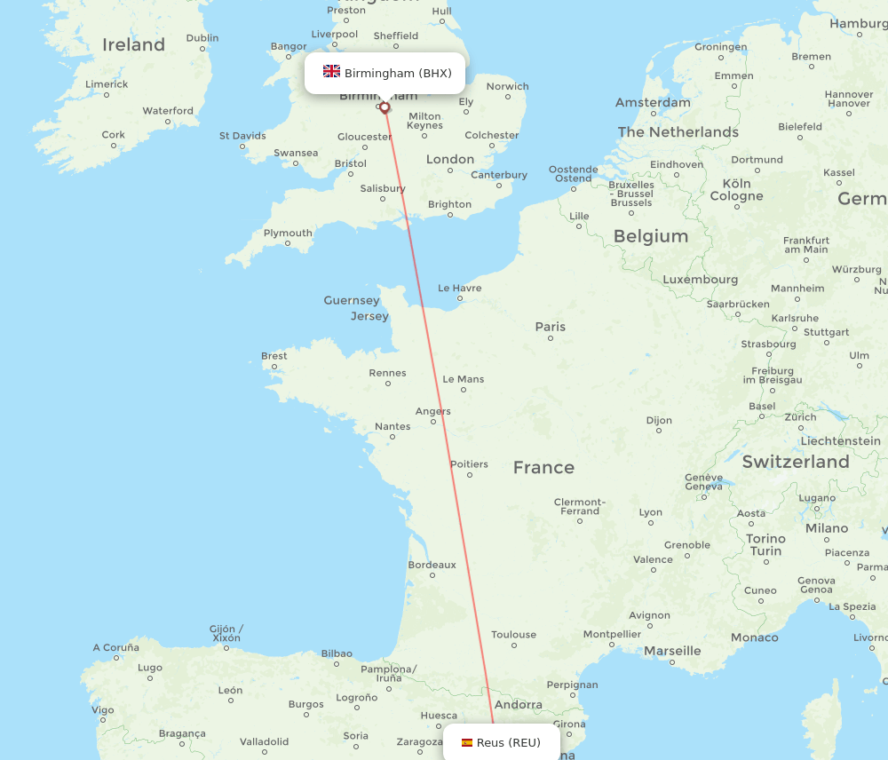 Reus - Birmingham route map and flight paths