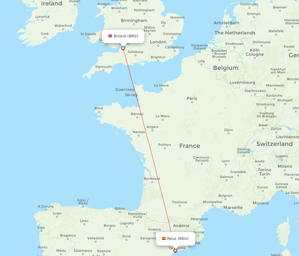 Reus - Bristol route map and flight paths