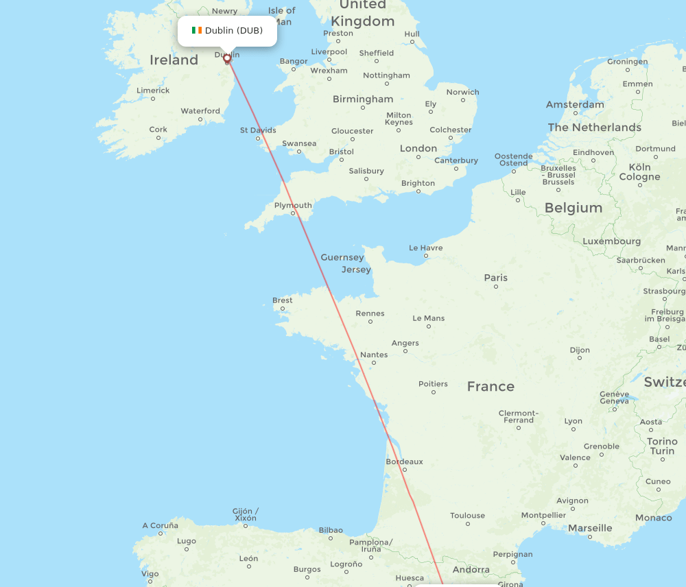 Reus - Dublin route map and flight paths