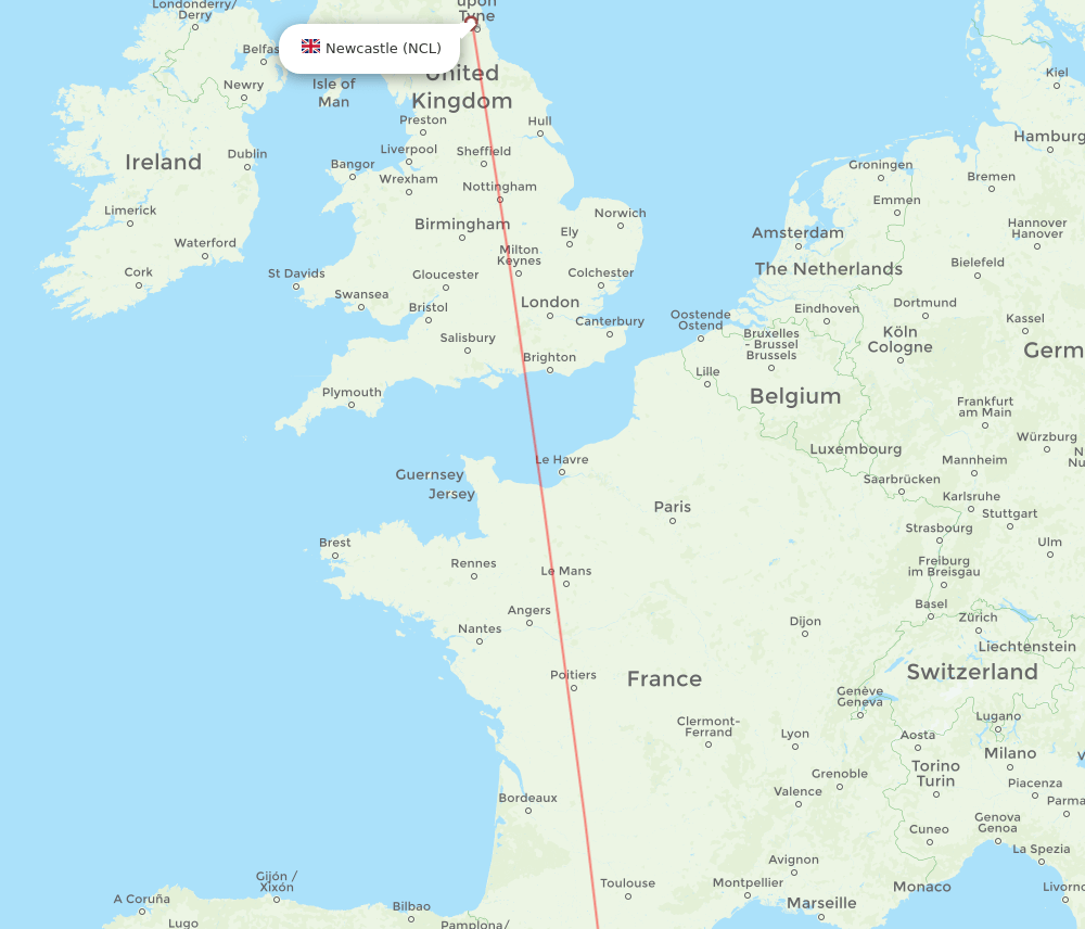 Reus - Newcastle route map and flight paths