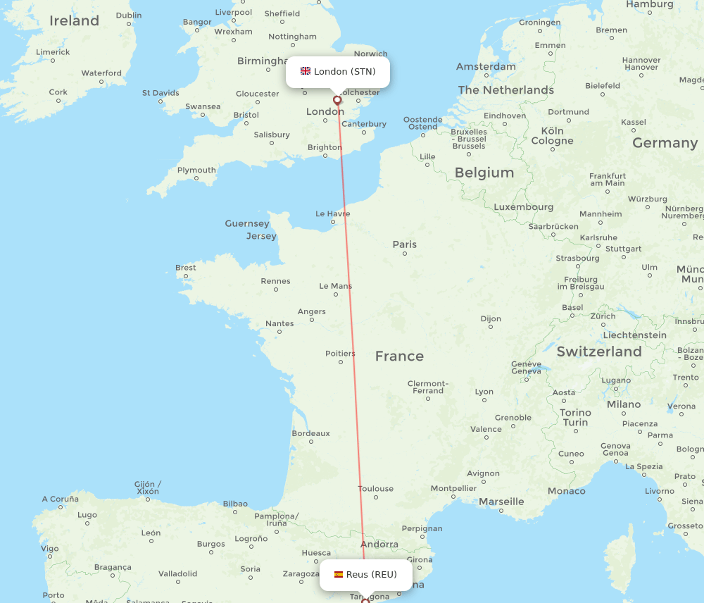 Reus - London route map and flight paths