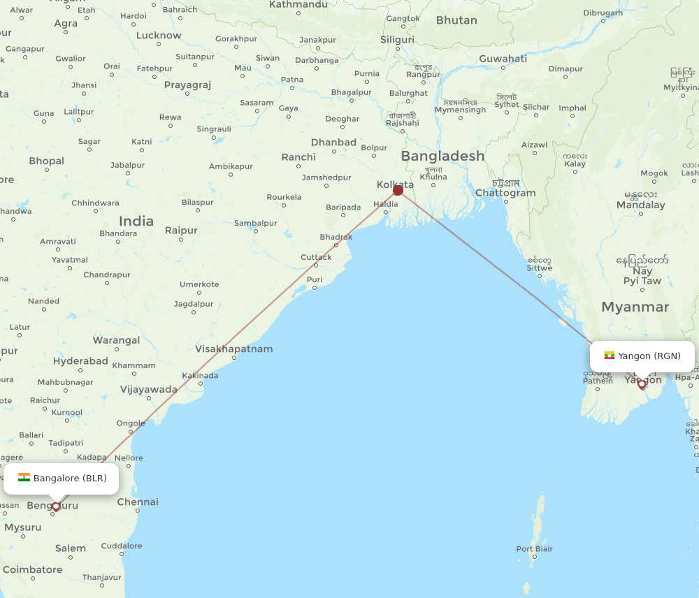 Yangon - Bengaluru route map and flight paths