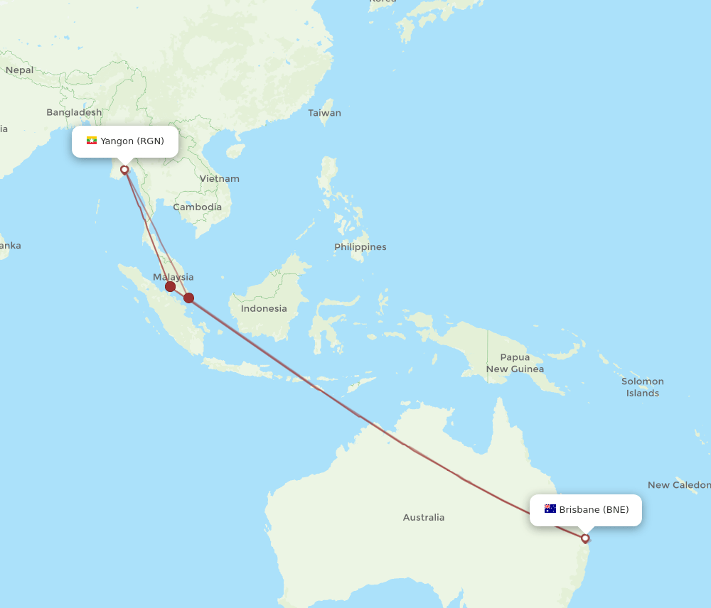 RGN to BNE flights and routes map