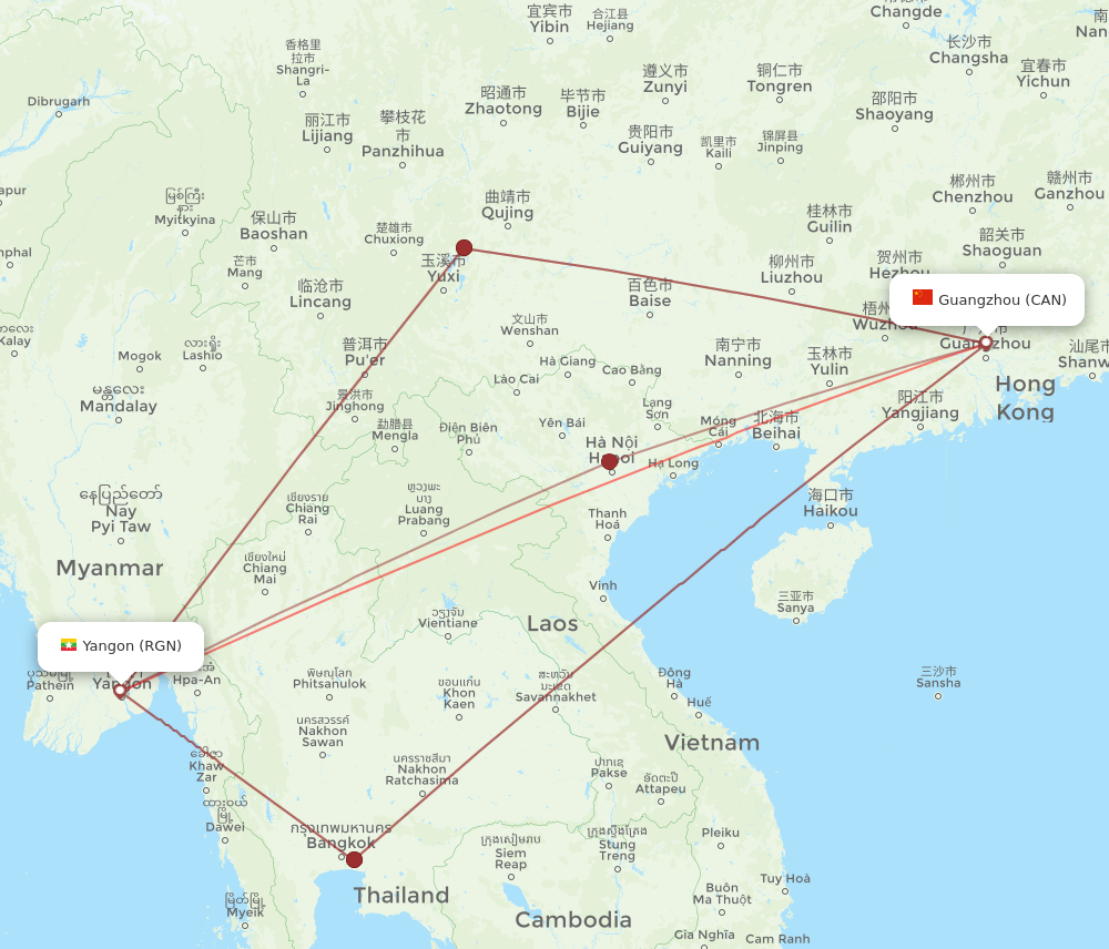 RGN to CAN flights and routes map
