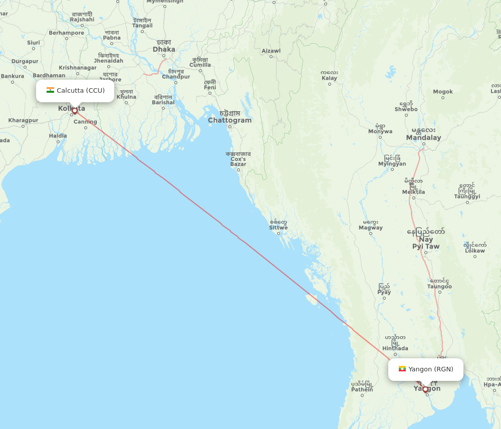 Yangon - Kolkata route map and flight paths