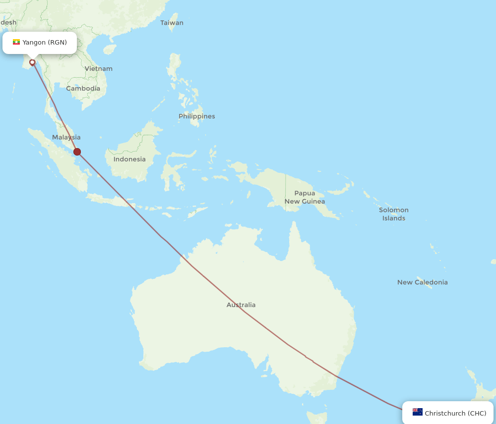 Christchurch - Yangon route map and flight paths
